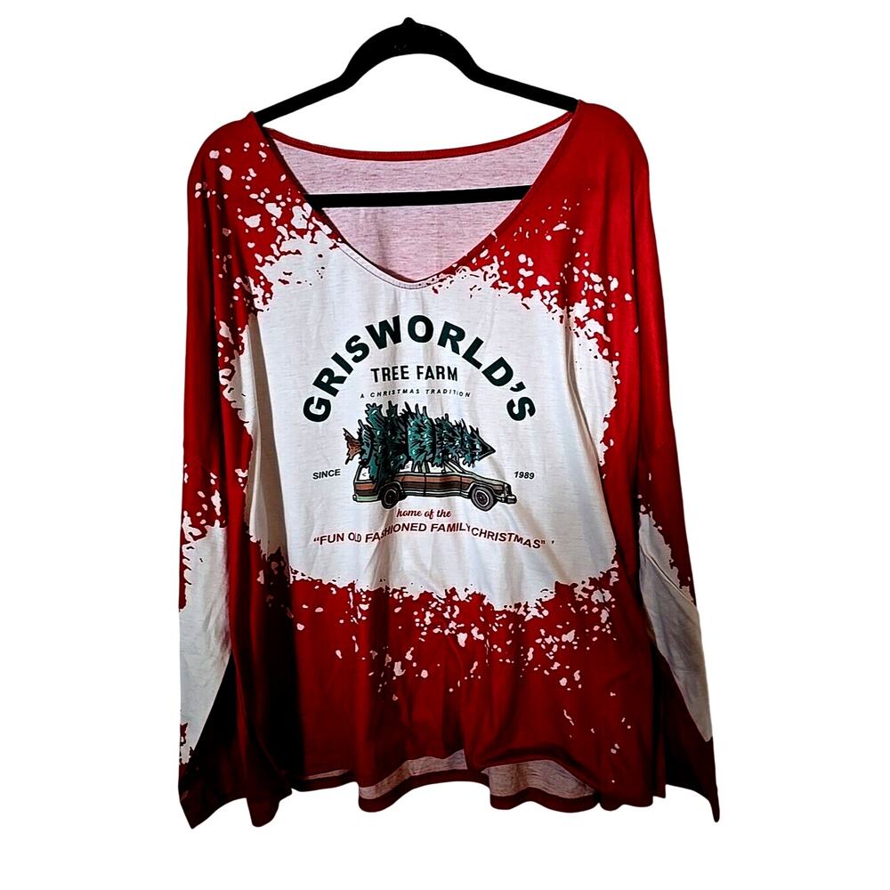 Grisworld Red Tree Farm Graphic Print V-Neck Long Sleeve Top Womans Size 4XL